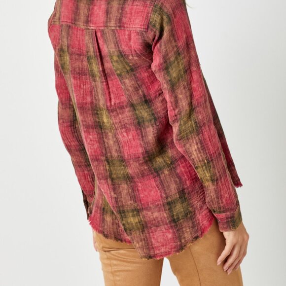 MYSTREE Plaid Button-Up Flannel Shirt, Red Olive Check Long Sleeve Top - Picture 5 of 8